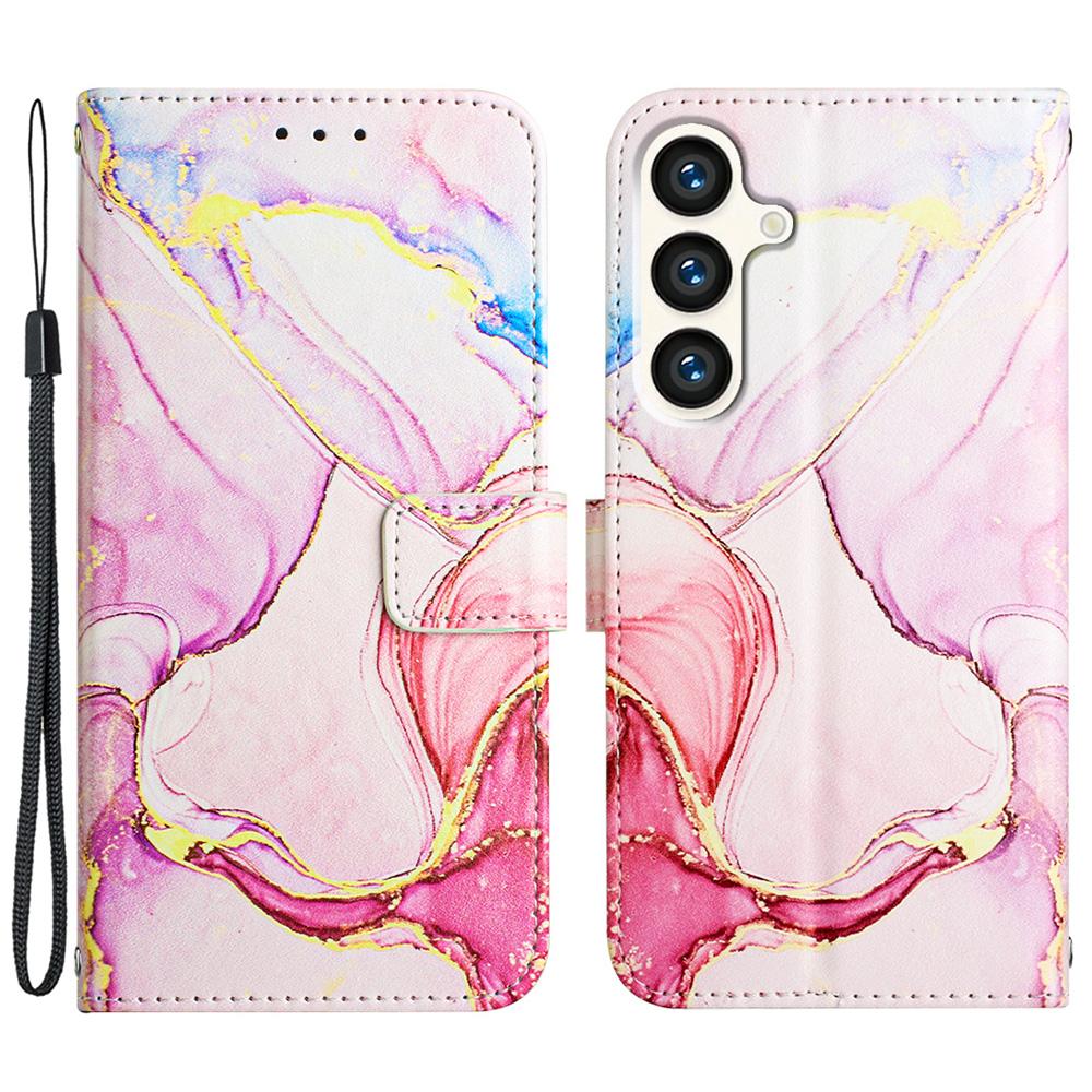 

For Samsung Galaxy S24 Leather Case with Shoulder Strap Marble Pattern Phone Stand Cover Rose Gold LS005