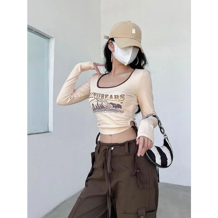 Print Long Sleeve Tshirts Women Long Sleeve Tunic Summer Tees Crop Tops Bandage Fashion Sexy Y2k T Shirts