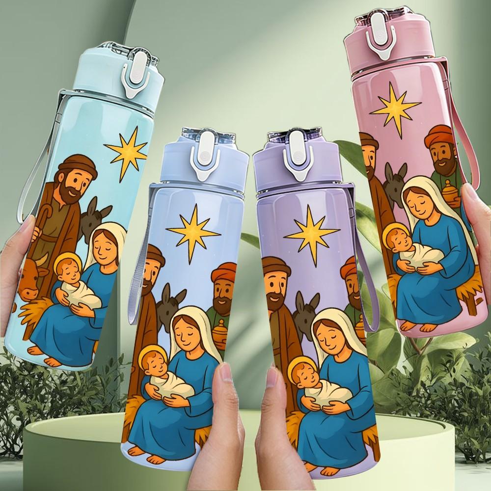 1PC Nativity Scene Holy Family Print 750ml Color Plastic Sports Water Bottle Leakproof Flip Straw Lid Suitable for Sports Office Home Use