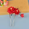 Red Silk Flower Ancient Style Hairpin and U-Shaped Pin Hair Accessory for Qipao, Hanfu, or Wedding