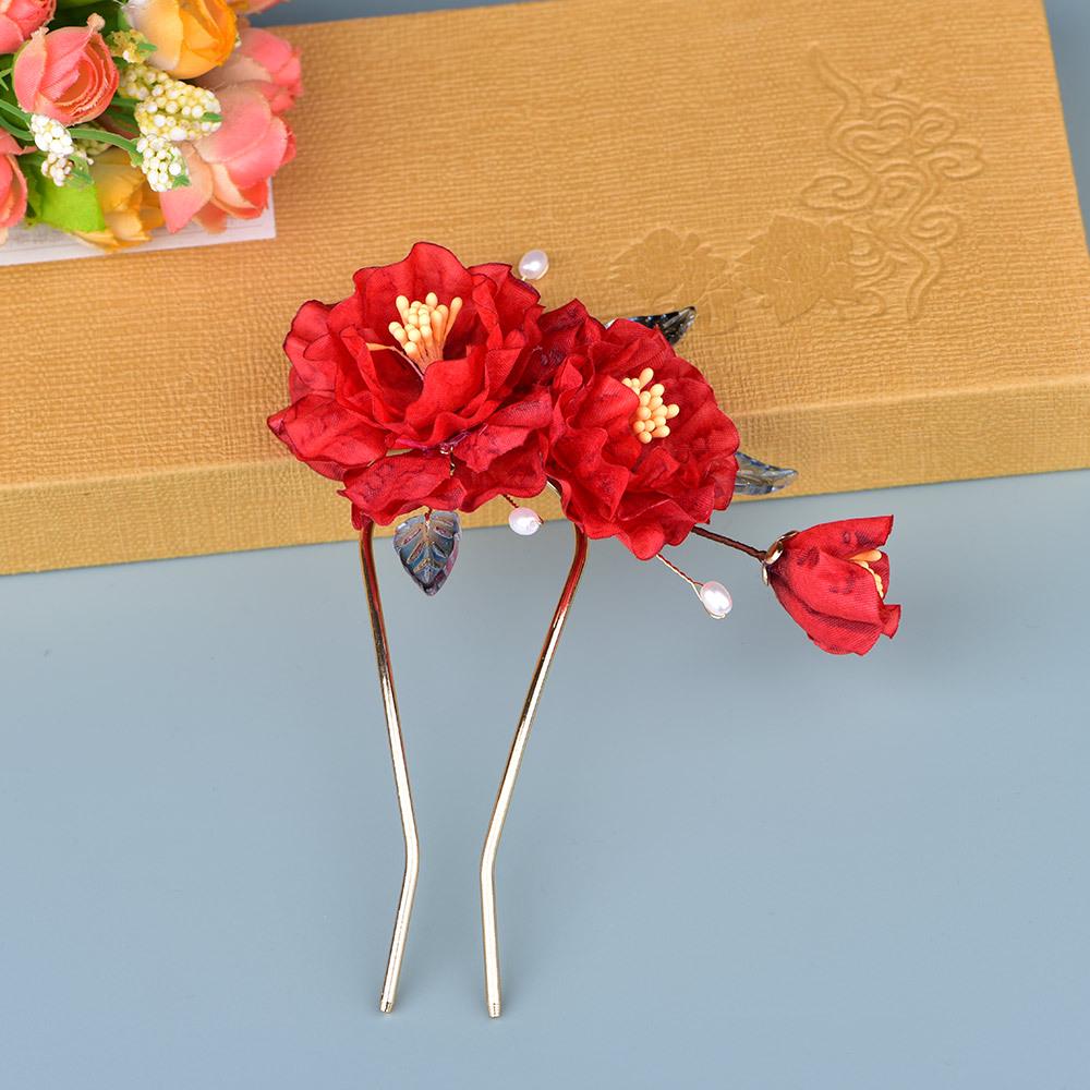 Red Silk Flower Ancient Style Hairpin and U-Shaped Pin Hair Accessory for Qipao, Hanfu, or Wedding
