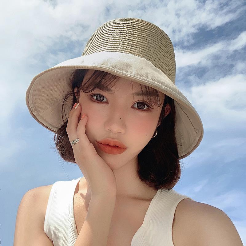 Bow big brim sun hat children versatile travel splicing straw hat summer sunscreen bucket hat folding tide