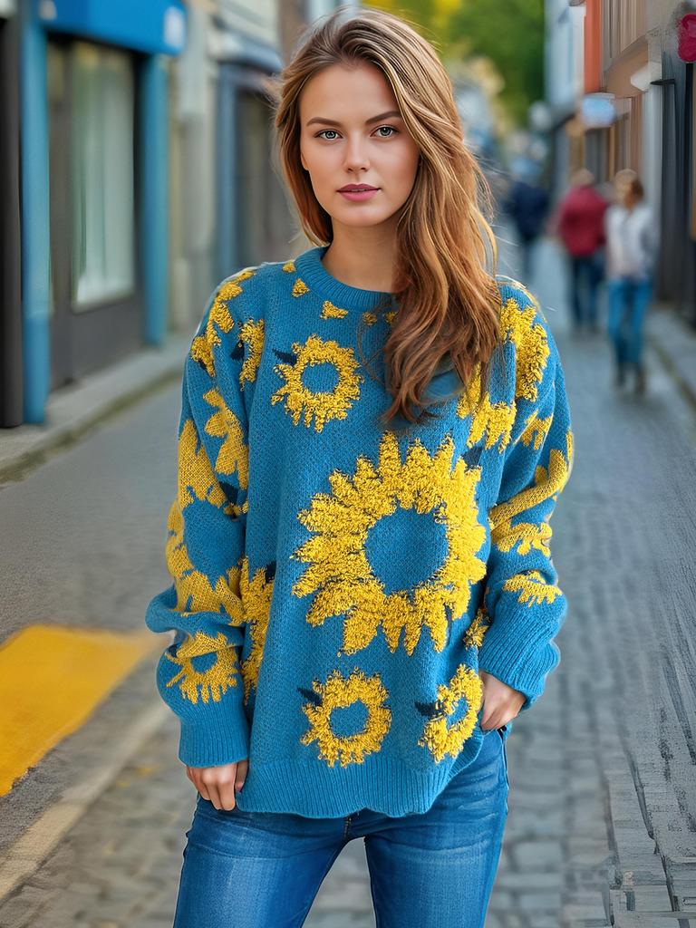 Autumn and winter new top sunflower jacquard round neck long sleeved knitted pullover sweater for women 3589