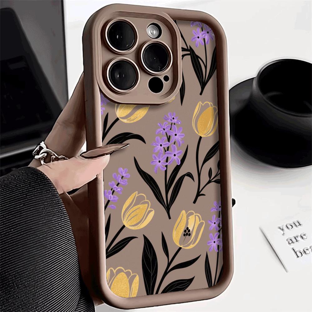 Gold Tulips with Purple Flowers Phone Case for Xiaomi Redmi Note 14 13 12 11 10 9 8 7 Pro Shockproof Anti-Slip Soft TPU Cover