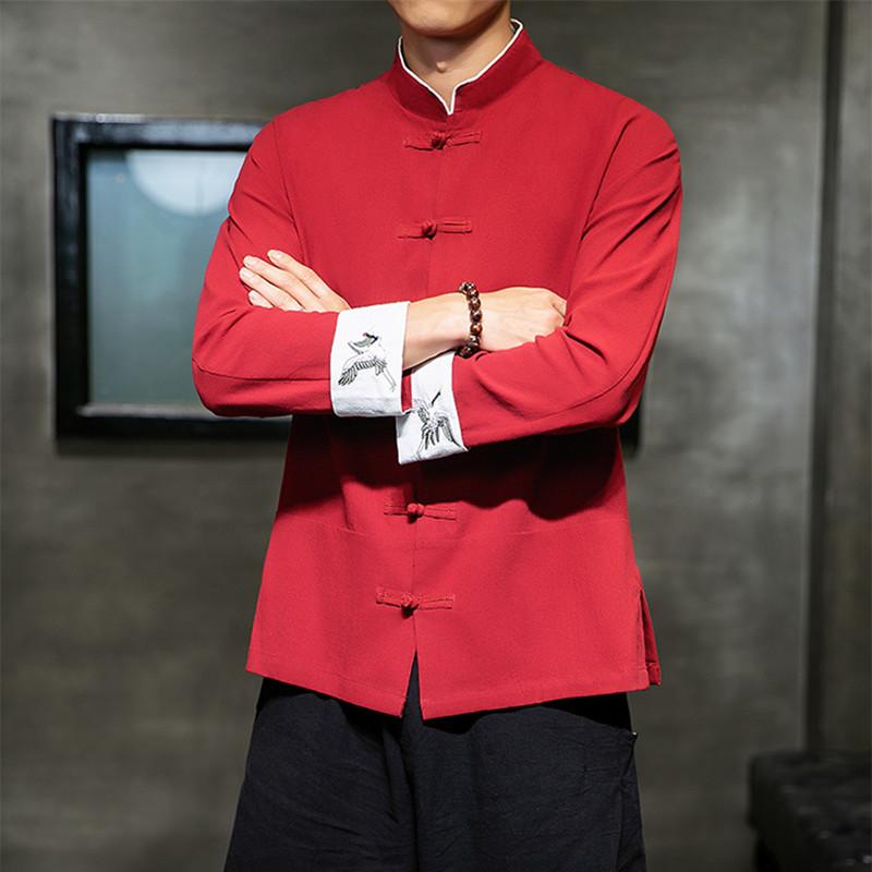 

Men Long Sleeve Shirts Mens Traditional Chinese Clothing Men Cotton Embroidery Crane Kung Fu Uniform Hanfu Blouse Shirts 5XL червоний