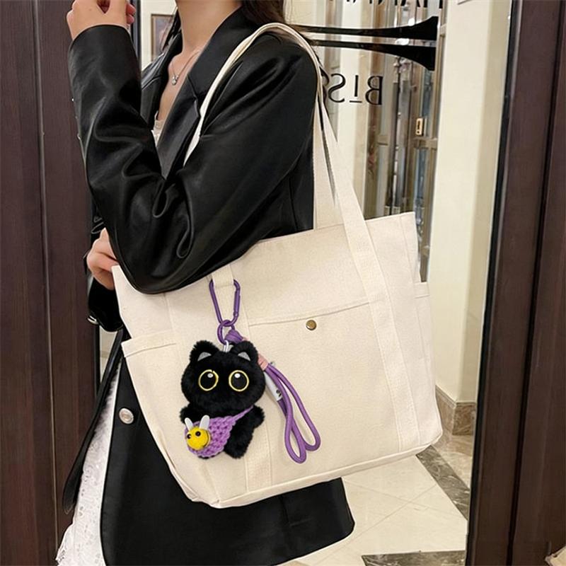 Cloth Handbag Shoulder Bag with Lining Large Capacity Tote Canvas Bag for Women Work, Outing, Artistic, Student Book Bag Pendant