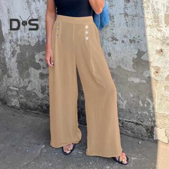 Women's Wide-Leg Pants High Waist Button Decorated Pants Casual Loose Fit Trousers for Daily Wear Travel Office