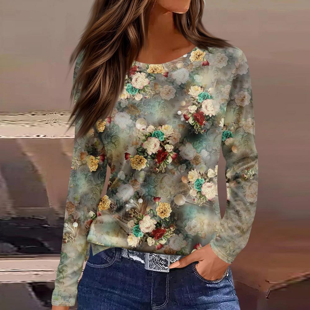 Spring Casual Fashion Loose Printed T-shirt Ladies Casual Round Neck Long Retro Beautiful Tops Female Models