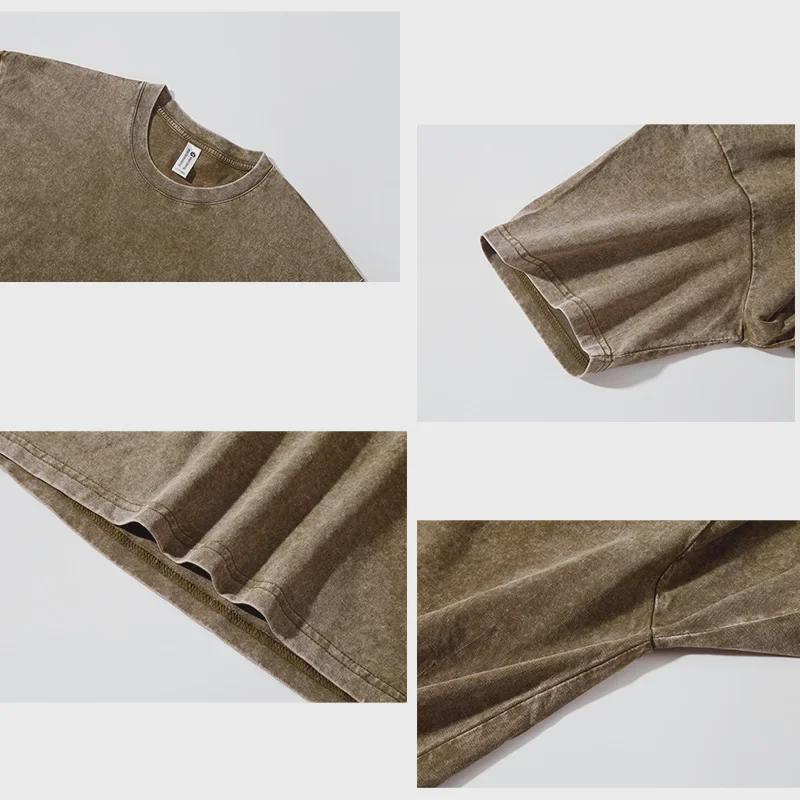 Retro bawełniany T-shirt z efektem sprania, 230g, Prany, Krótki rękaw, Okrągły dekolt, Luźny krój, Wzór płatka śniegu, Męska odzież codzienna