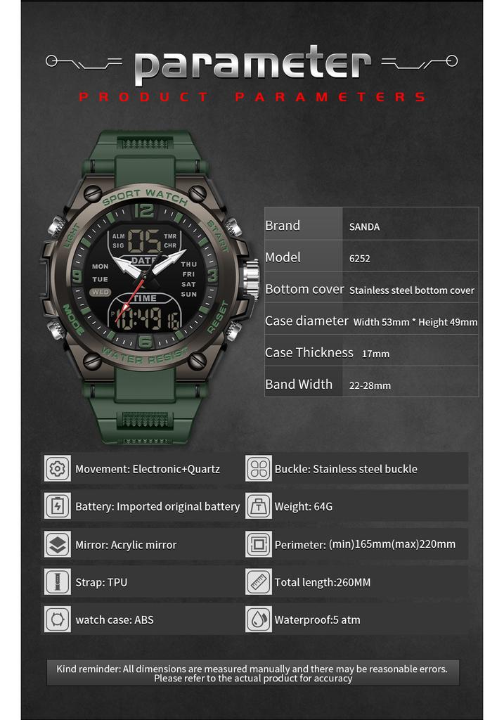 SANDA SD6252 Montre Étudiant Pour Sports d'Extérieur Multifonctionnelle Étanche Devrait Être LED Montre Électronique Homme