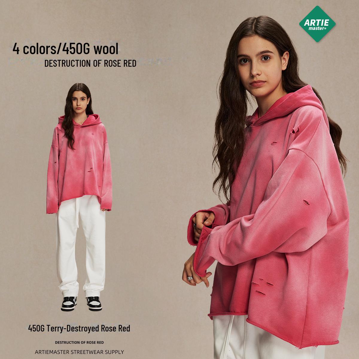 

Толстовка с капюшоном унисекс 2024 осень/зима: Неровные отверстия и потертые необработанные края, махровая ткань 450 г L розы красного