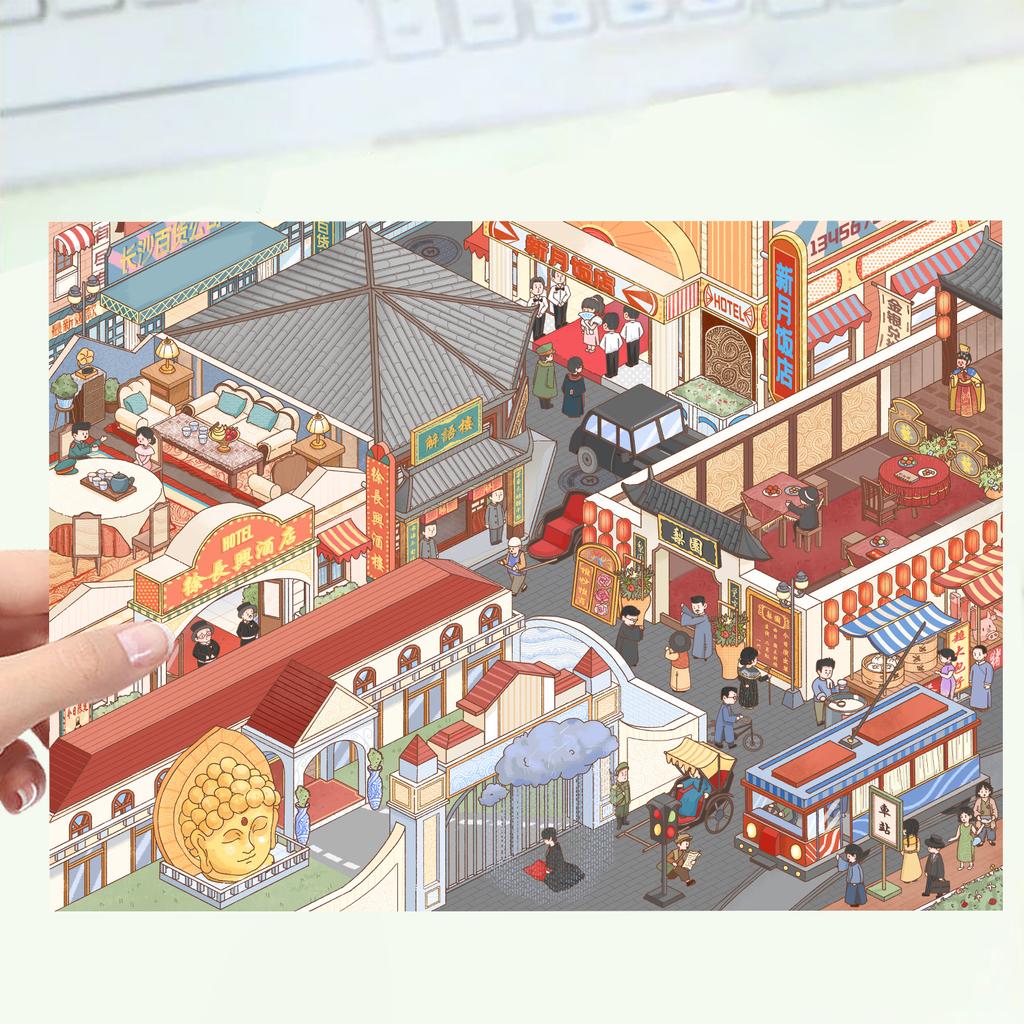 Kreslené krajinné samolepky Vícenásobný miniaturní svět 3D chata Rozbalit DIY scéna Ruční příspěvek