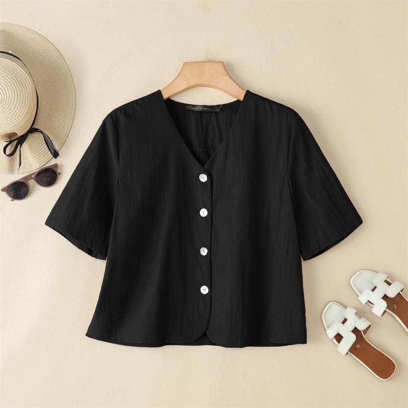 

ZANZEA Women Button V-Neck Casual Short Sleeve Blouse S чорний