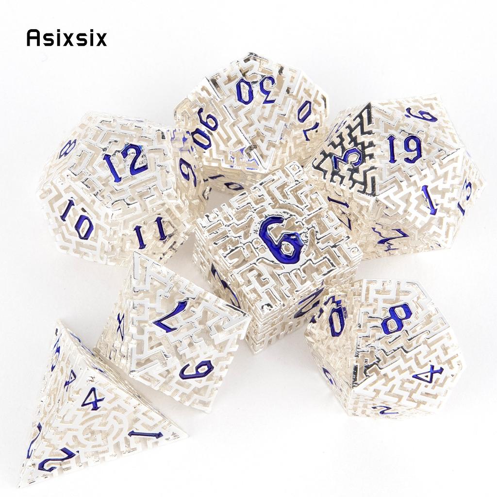 7 Pcs  White Blue Metal Dice Maze Hollow Metal Polyhedral Dice Set Suitable for Role-Playing RPG  Board Game Card Game