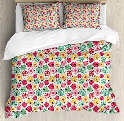 Ladybugs Bedding Set Comforter Duvet Cover Pillow Shams Abstract Bug Pattern with Many Different De Bedding Cover Double Bed Set