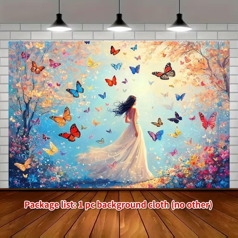 

2D Fairy Tale Backdrop Woman in White Dress & Butterflies Photography Background Cloth 47.2x31.5inch/120*80cm