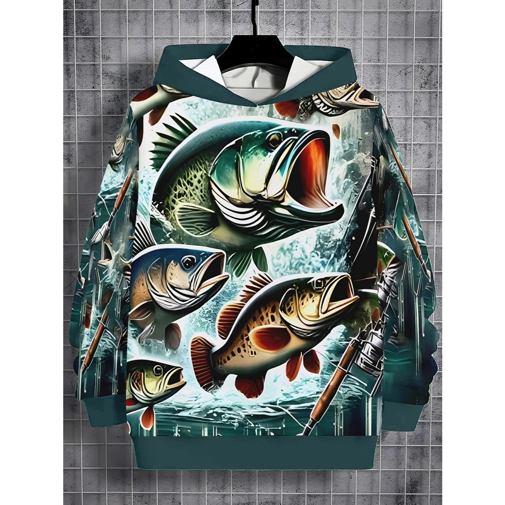 Boys' hooded pullover - long sleeved casual hoodie with dark green fishing bait pattern