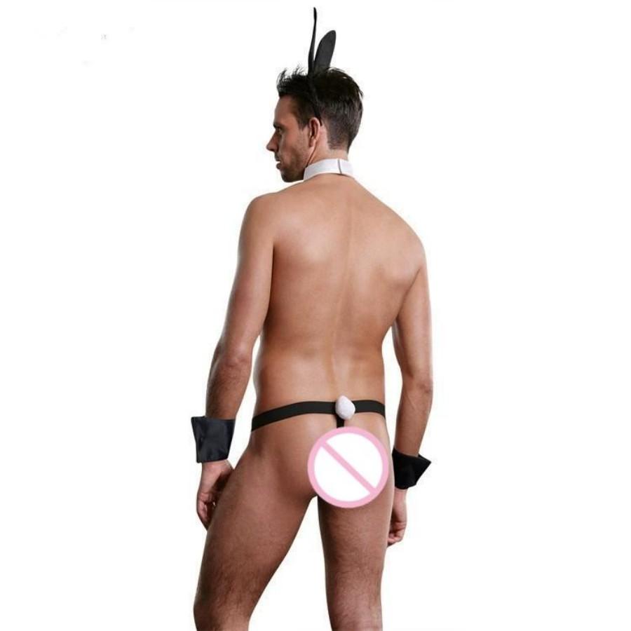 Mens Bunny Costume Maid Cosplay Underwear Set Men Rabbit Party Role Play Uniform Thong Bunny Ears Headband Collar Sex Lingerie