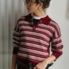 Dzianina w paski Jesień Nowy Amerykański Retro Kolorowy Blok Paski Polo Kołnierzyk Dzianinowy T-shirt