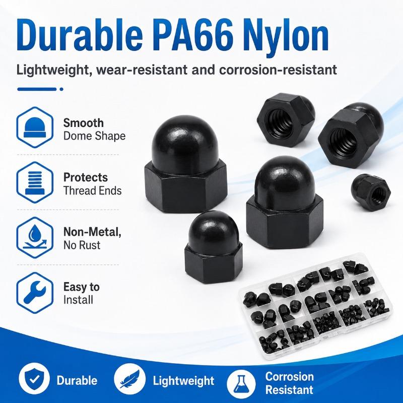 110PCS Black Nylon Acorn Cap Nut Assortment M3-M10 PA66 Dome Hex Nuts Kit with Storage Box for Bolts Screws DIY Repair