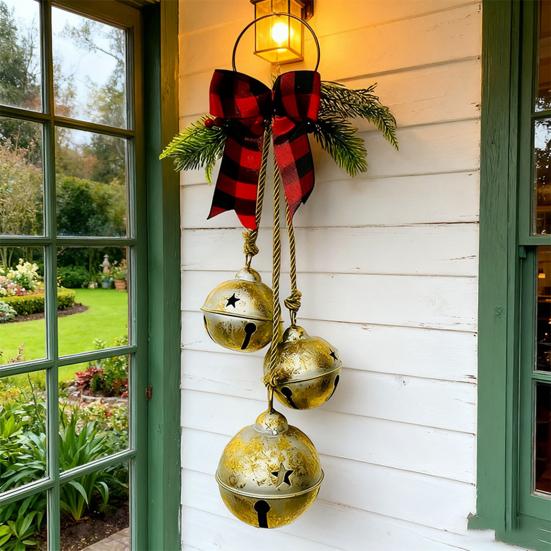Christmas Bell Decoration 17.7" Hanging Jingle Bells with Plaid Bow Pine Needles Red Berries Rustic Holiday for Door