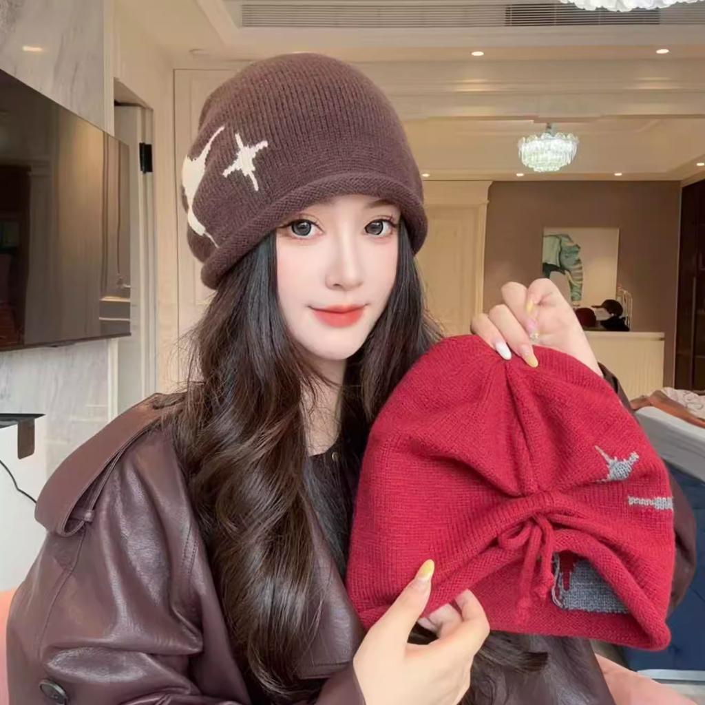 Curled Edge Drawstring Star Beanie for Women, Autumn and Winter Korean Style, Face Slimming, Warm Ear Protection Hat, Women's Cold Weather Cap, Head