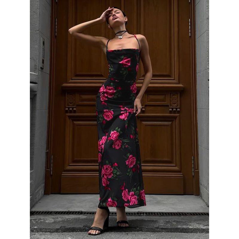Shemoda Retro Rose Printing Slip Dress Female Elegant Sexy Backless Lace up Cinched Waist over-the-Knee Long Dress