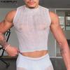 INCERUN Men Sleeveless Fishnet See Through Short Tank Tops Mesh Crop T-shirts