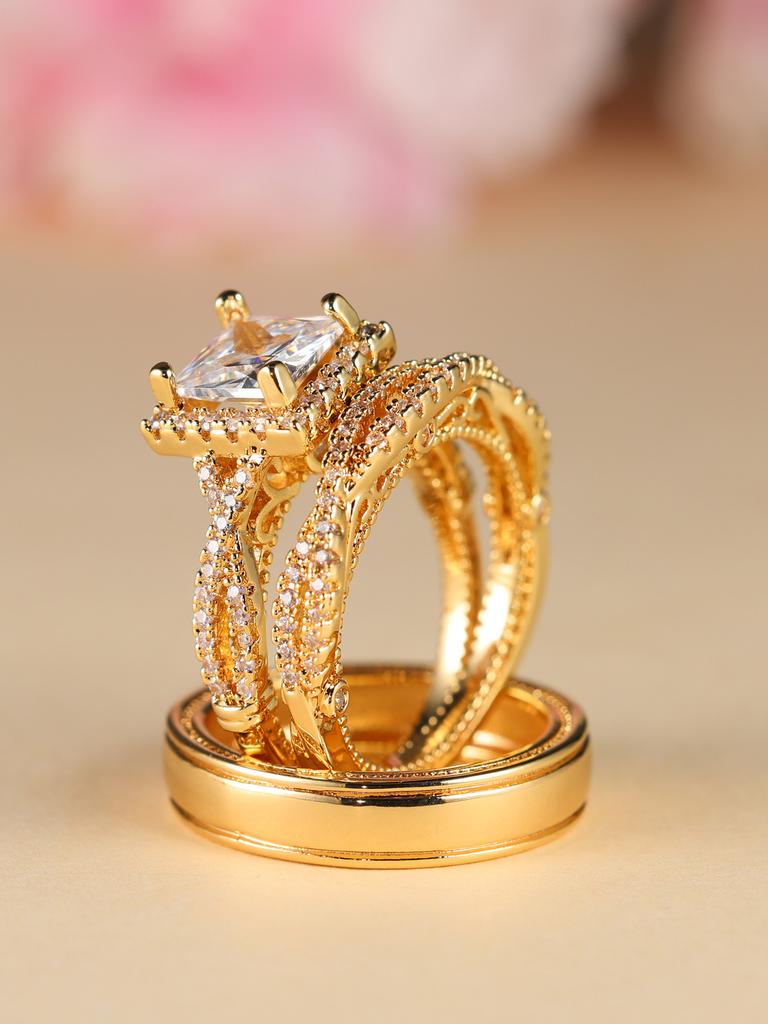 Rose Gold Three Piece Ring Set with Diamonds, Zirconia, Full Diamond, Female Pair Ring, Male Ring