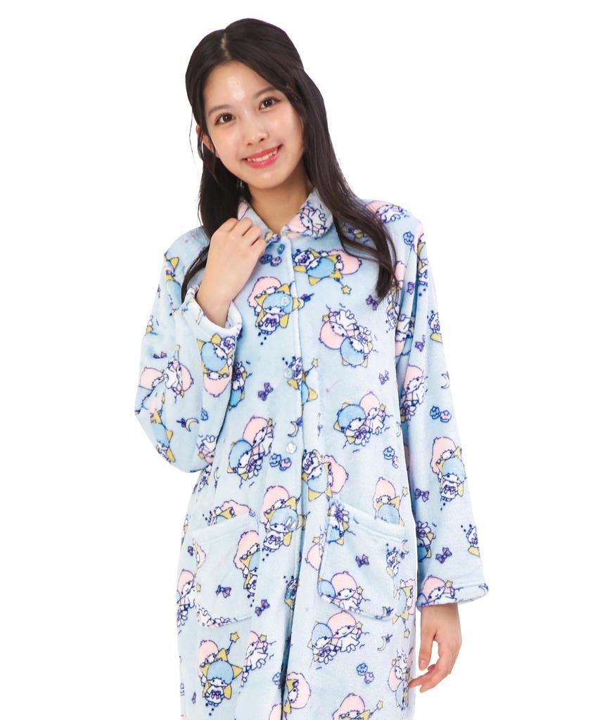 SAZAC KikiLala Nightgown Pajama Dress, Women's, Fluffy Twin Stars Print, Long Sleeve, Open Front, Fall/Winter Flannel Loungewear (Sax/M-L/san1983)