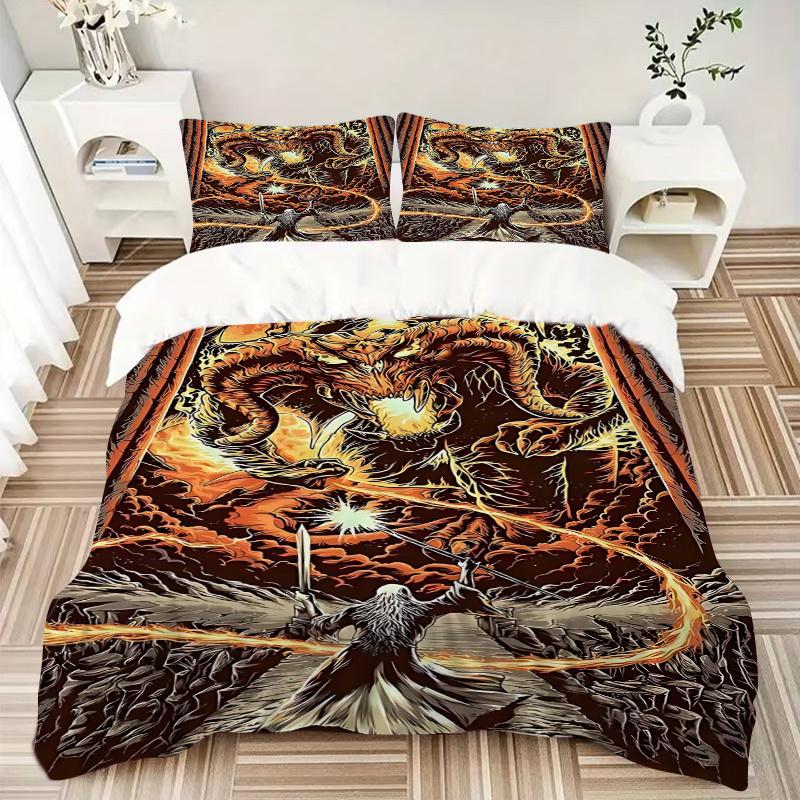 3pcs Dragon Vs Wizard Comforter Set with One Quilt Cover and Two Pillowcases (No Core) - Anime Cartoon Design, Polyester Fabric, Perfect for Bedroom a