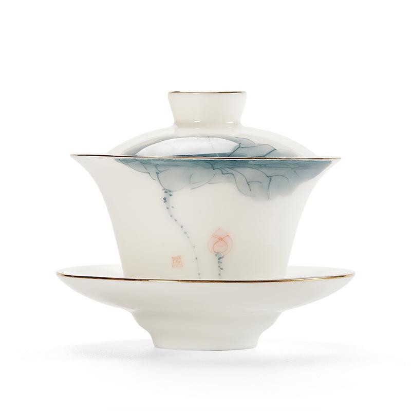 120/140ml Hand-painted Tea Tureen Fat Jade White Porcelain Gaiwan Household Ceramic Tea Infuser Traditional with Cover Teacup