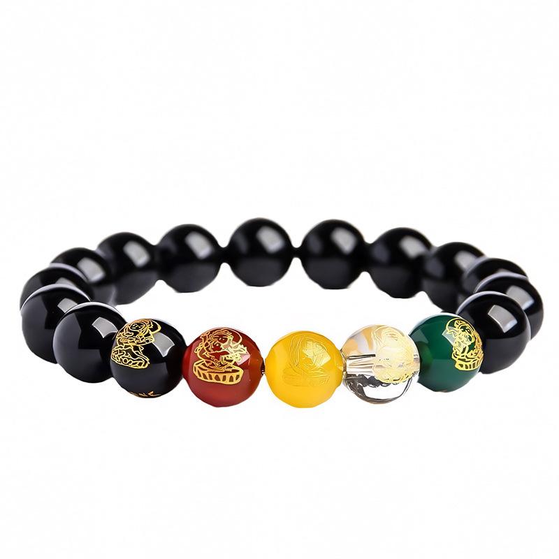 Black Obsidian Five-Way God of Wealth Bracelet for Men & Women, Good Luck Bead Jewelry, Birth Year Bracelet