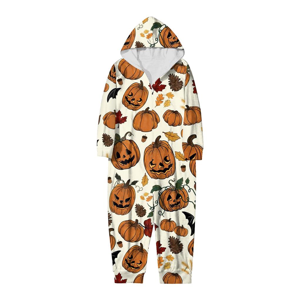 Halloween Printed Family Matching Hooded Long Sleeved Zippered Hooded  Jumpsuit Set