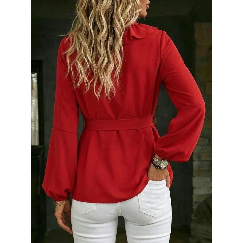 Women S V Neck Long Sleeve Lantern Shirt With Ruffle Tie Waist Solid Color Casual Blouse