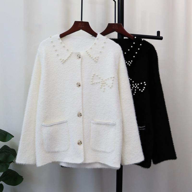 Heavy Industry Nail Bead Imitation Mink Velvet Knitted Cardigan Autumn and Winter New Design Loose Soft Waxy Sweater Jacket Women