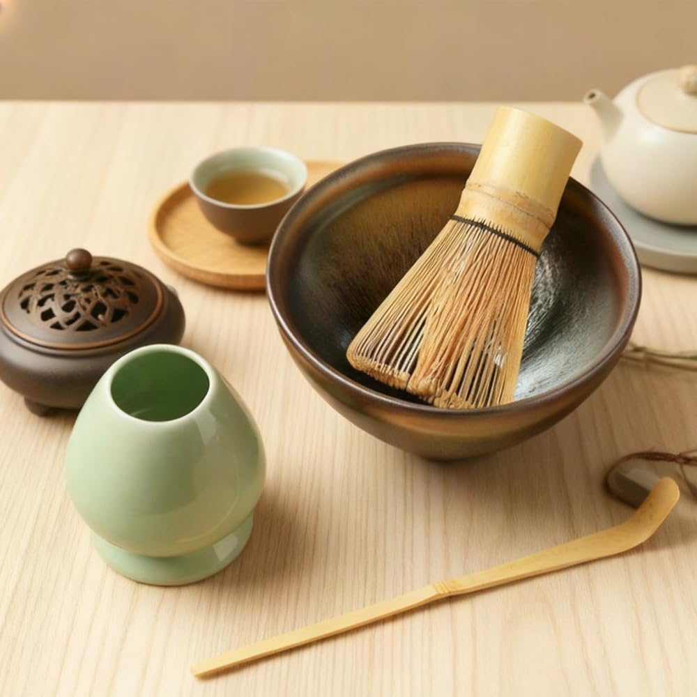 Saehyotei Matcha Tea Ceremony Set, 3-Piece Bamboo Set with Chasen (100-Standing), Chashaku (Tea Scoop), and Chasen Fixer, Perfect for Beginners,