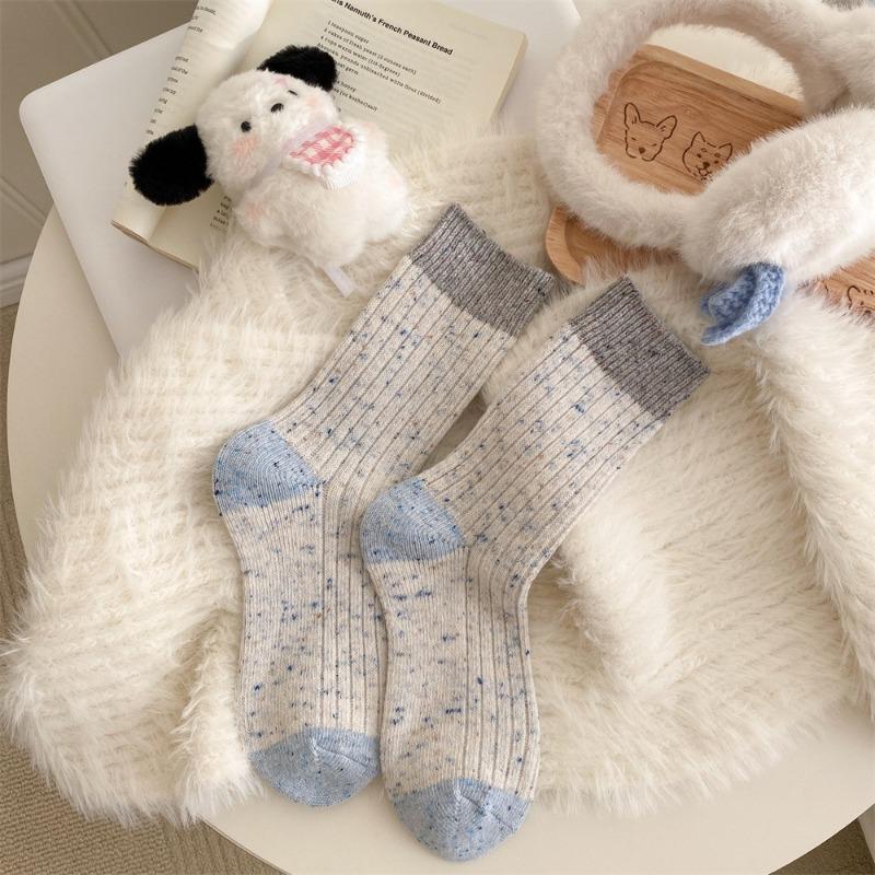 Female Spring and Autumn Thickened Warm Color Collision Wool Tube Pile Socks