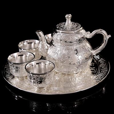 Baifu Teeservice, handgefertigtes Silber-Teeservice, Teekanne zum Aufbrühen, Gong Dao Bei (Gerechtigkeitsbecher), Silberbecher, großes Set, Teetasse, Teekanne, Teetablett.