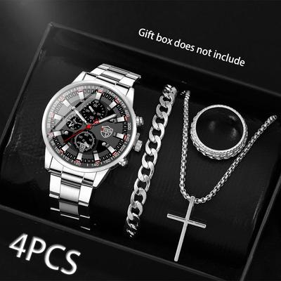 4pcs/set Hip Hop Men's Watch Elegant Casual Quartz Watch Necklace Ring Jewelry Set