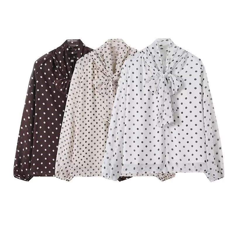 2026 Womens Loose Fit Polka Dot Long Sleeve Shirt Casual Wrap Collar Blouse