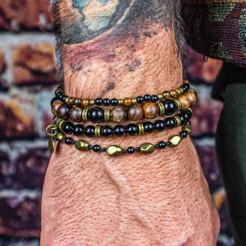 4Pcs Minimalist Natural Stone Beaded Bracelets for Men, Hematite & Tiger Eye & Onyx, Casual Wear Jewelry Gift