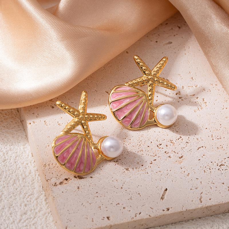 Colorful Drip Oil Starfish Mother-of-Pearl Pearl Stainless Steel Stud Earrings - Women's Non-Fading Light Luxury