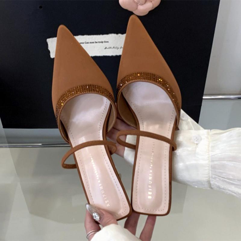 Fashion Luxury Satin Rhinestone Decorated Slide Heeled Sandal Women Sexy Pointed Toe Back Strap High Heels Summer Elegant Women Slippers