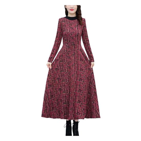 2024 Autumn Winter Women Dress Round Neck Thick Long Sleeve Printed Warm Soft A-line Loose Hem Pockets Mid-calf Length Mother Maxi Dress