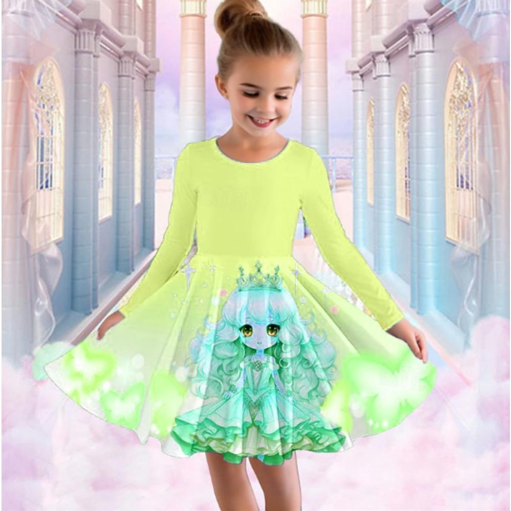 Vestito Casual da Bambina con Stampa 3D, Girocollo, Manica Lunga, Vestito da Principessa per Bambini