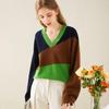 Women's Thick 100% Wool V-Neck Color Block Sweater