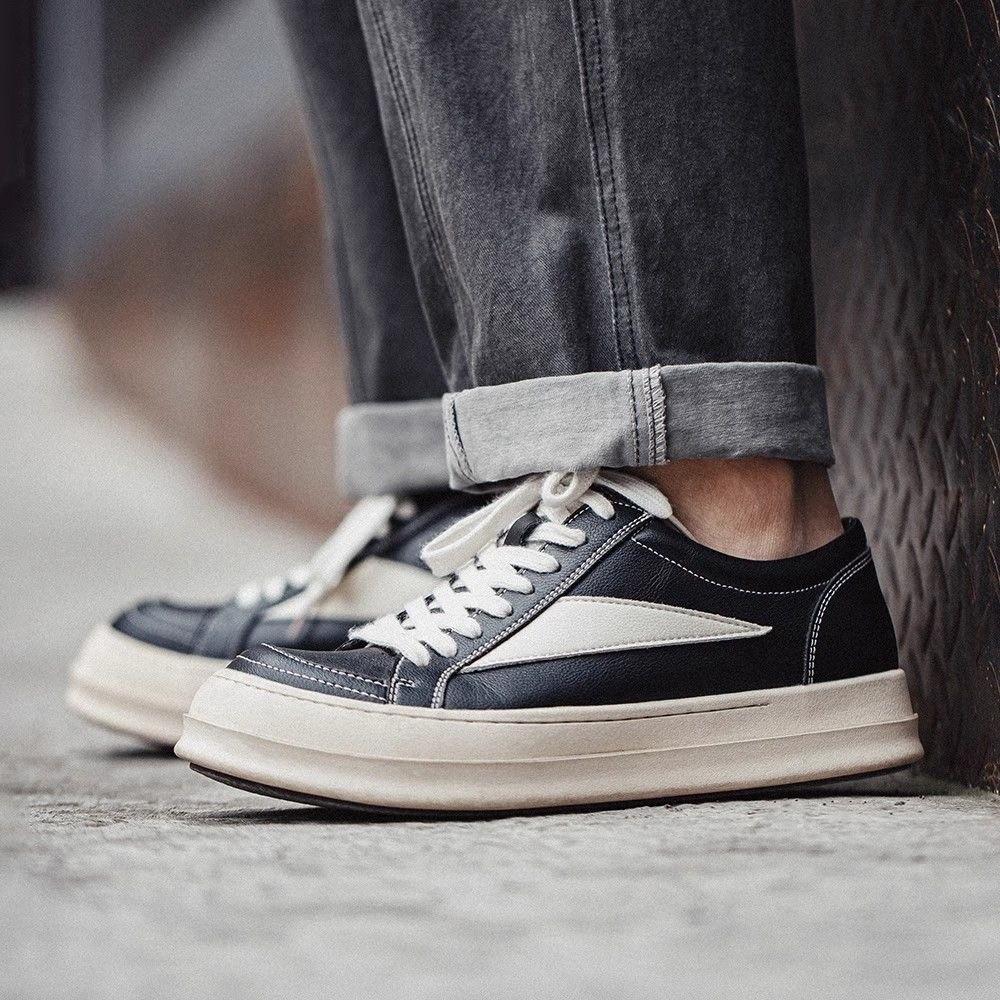Outdoor Black PU Leather Low Top Thick Sole Men Shoes Jogging Lace Up Sneaker Fashion Casual Design Walking Trainers Footwear