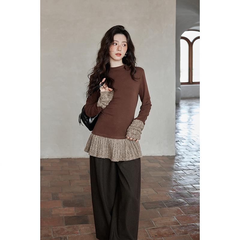 Yimeng 2026 Spring Korean Slim-fit High-End Patchwork Coffee T-shirt Medium