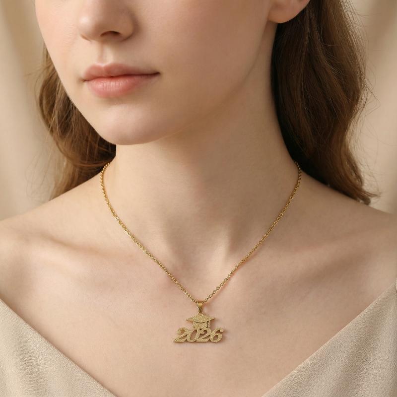 Stainless Steel Matte Golden Mortarboard Featuring Number 2026 Pendant Necklace Women Graduation Memorial Jewelry Gifts